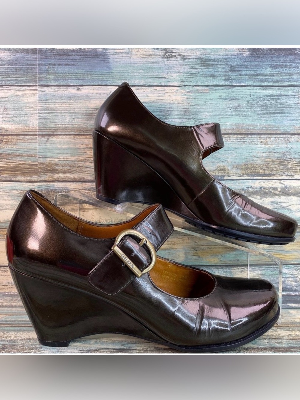 Geox Mary Jane Shoes Womens Size 9M Dark Bronze Patent Leather Wedge Heel